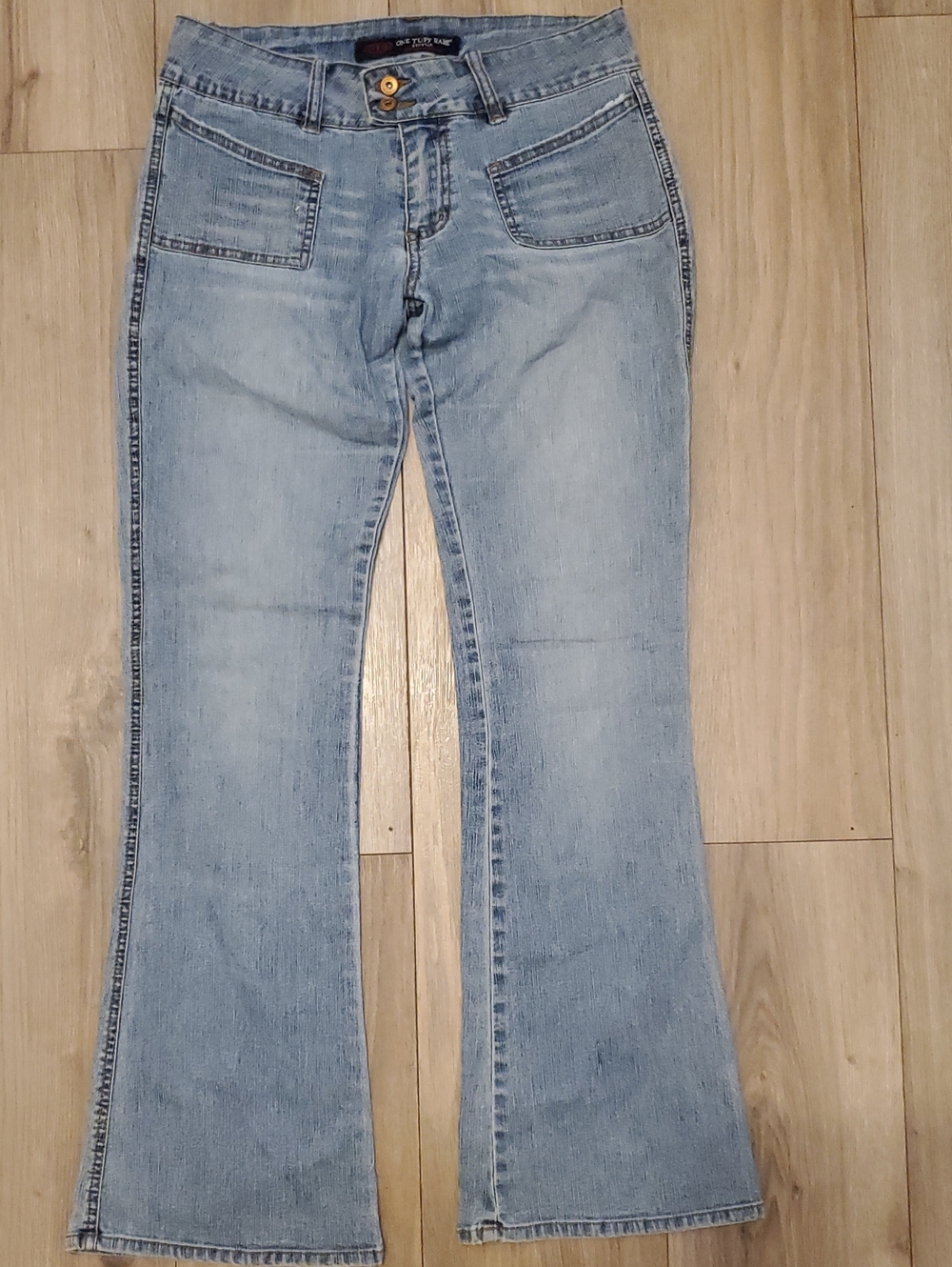 One Tough Babe Light Wash Flared Jeans with Front Patch Pockets